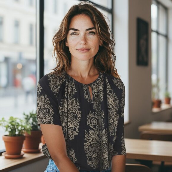 Lucky Brand Black and Cream Patterned Tunic Top 1x - Picture 8 of 13